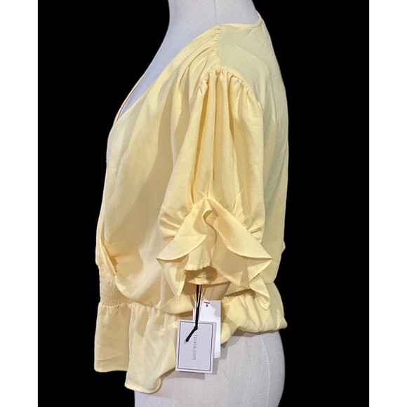 1.STATE Cross Front Women's V-Neck Short Sleeve Yellow Top Size Large NWT - Picture 2 of 6